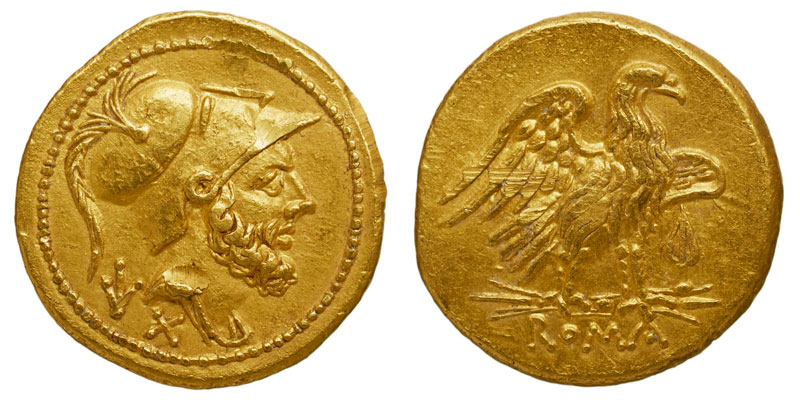 Magnifique portrait de Mars, portant un casque corinthien, sur une monnaie d'or frappée sous la République. [© American Numismatic Society]