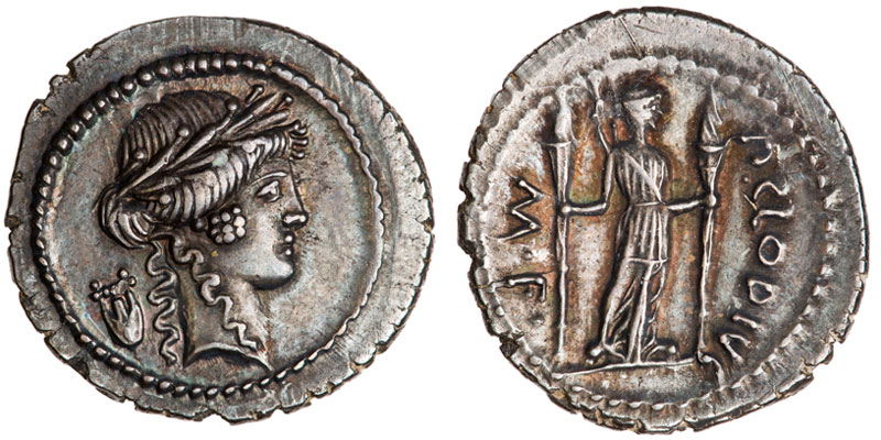 C'est Apollon qui est représenté ici, bien centré sur l'avers de ce denier. Notez la lyre présente derrière le portrait. [© American Numismatic Society]