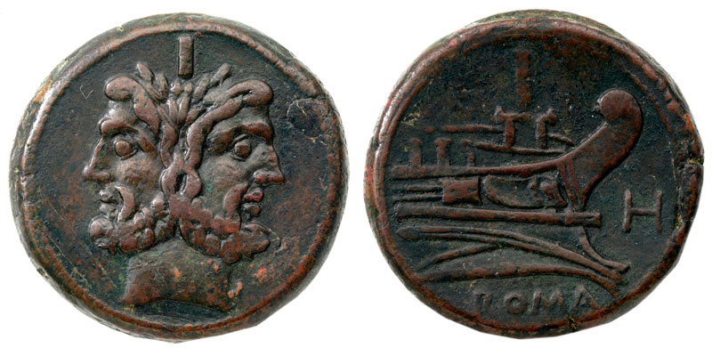 Janus, dieux au double visage, apparaît surtout sur des monnaies anciennes. Ici un as de la fin du IIIème siècle avant J-C, qui présente une proue de navire sur son revers. [© American Numismatic Society]