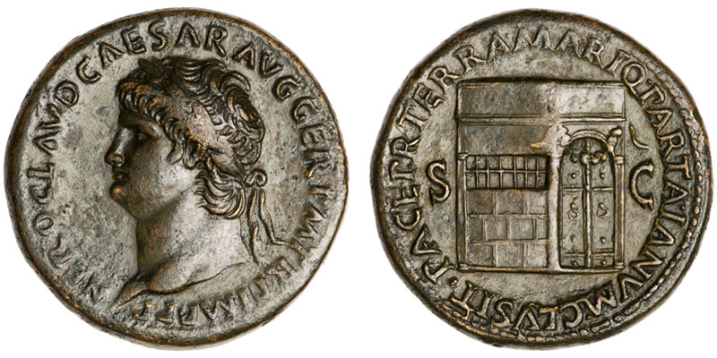 Le temple de Janus est visible sur ce sesterce frappé sous Néron et qui présente de beaux reliefs. [© American Numismatic Society]