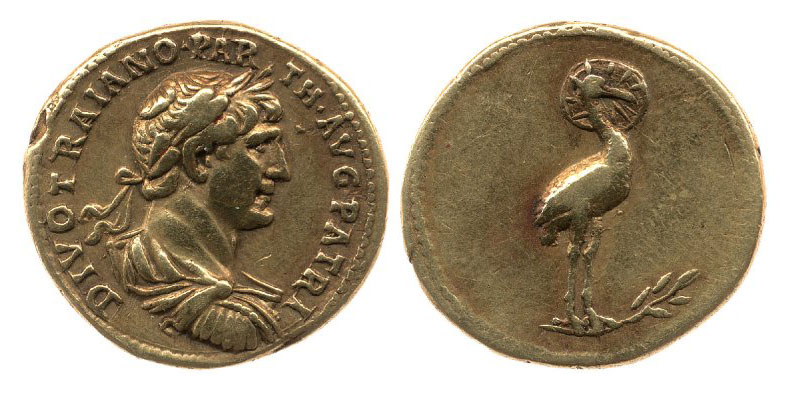 Cette monnaie émise par Hadrien rend hommage à Trajan, son prédécesseur fraîchement divinisé. L'avers présente un superbe phénix. [© British Musuem]