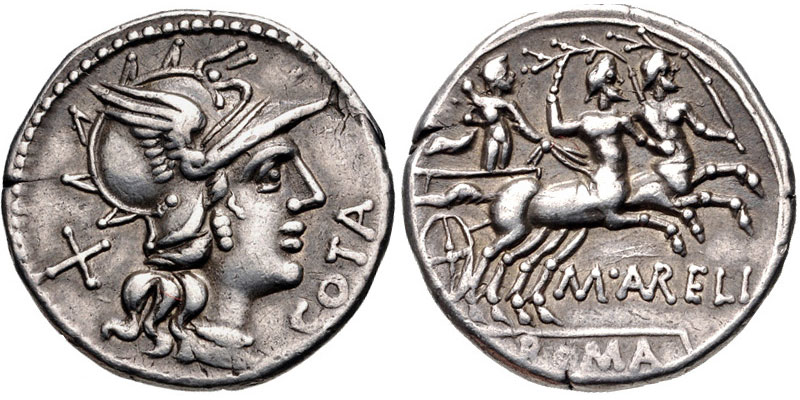 Un attelage de centaures, au revers d'un denier de M. Aurelius Cotta. IIème siècle avant J.C. [© cngcoins]