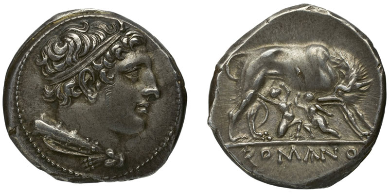 Hercule apparaît très rapidement sur le monnayage des romains, comme l'atteste cette très belle monnaie datée du milieu du IIIème siècle avant JC. Le héros, imberbe, est reconnaissable à la massue, visible à la base du cou. Le revers montre la louve et les jumeaux, Rémus et Romulus. [© BNF]
