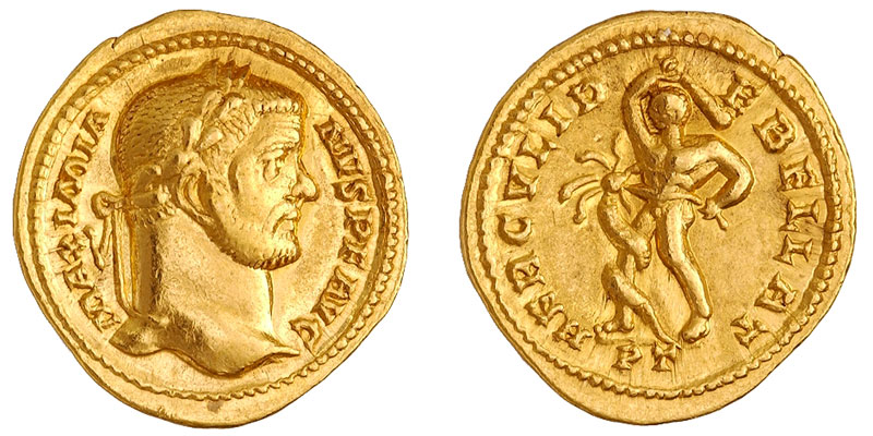 Au revers de cet aureus de Maximien, Hercule est aux prises avec l'Hydre de Lerne, enroulée autour de sa jambe. [© American Numismatic Society]