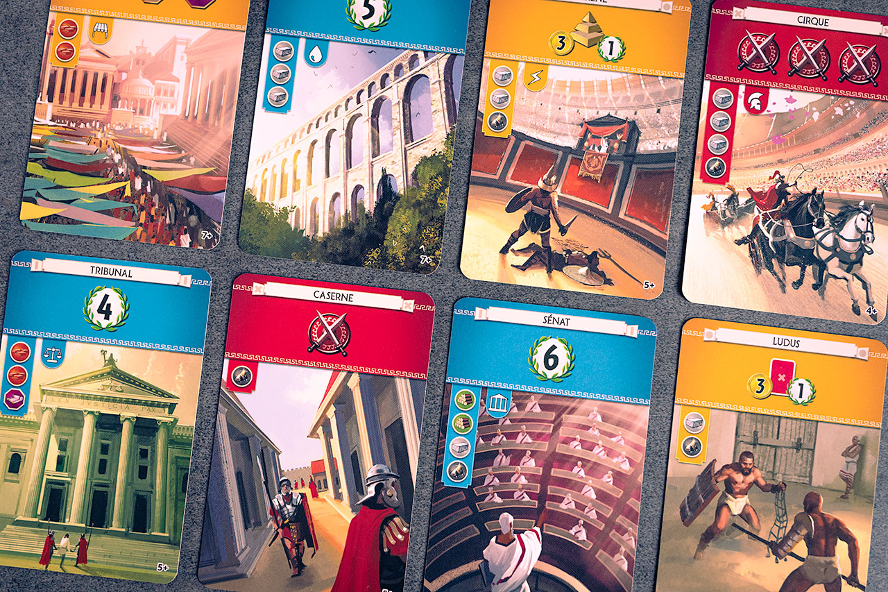 De nombreuses cartes du jeu, symbolisent des lieux caractéristiques de la cité romaine.