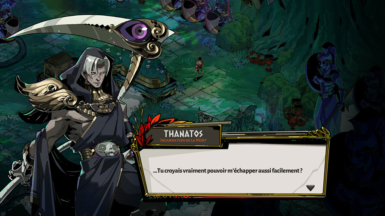 Thanatos, un des multiples personnages des Enfers, que vous croiserez régulièrement lors de vos tentatives d'évasion