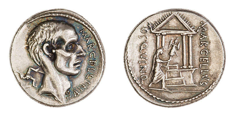 Le denier orné du portrait de Le portrait de Marcus Claudius Marcellius. © American Numismatic Society