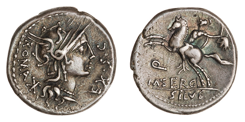 Le denier de M. Sergius Silus montre un cavalier tenant dans sa main une tête coupée... celle d'un gaulois. © American Numismatic Society