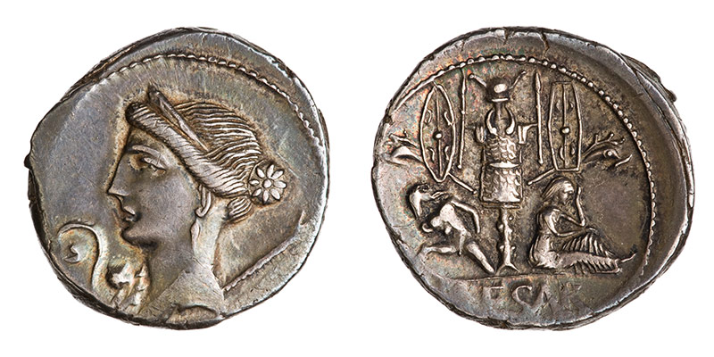 Voici une monnaie assez prisée : un denier émis par Jules César arborant à l'avers la divinité Vénus, et au revers un trophée militaire couvert d'équipement gaulois, au pied duquel sont visibles deux captifs.