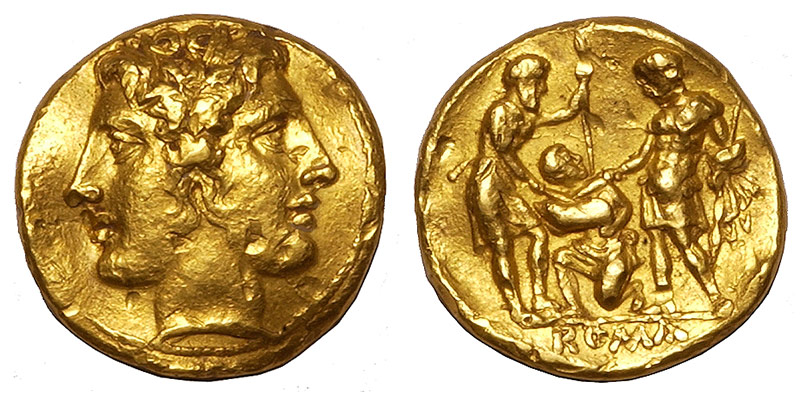 Exemplaire d'un statère d'or émis dans le contexte des guerres puniques : la première monnaie romaine en or. © American Numismatic Society