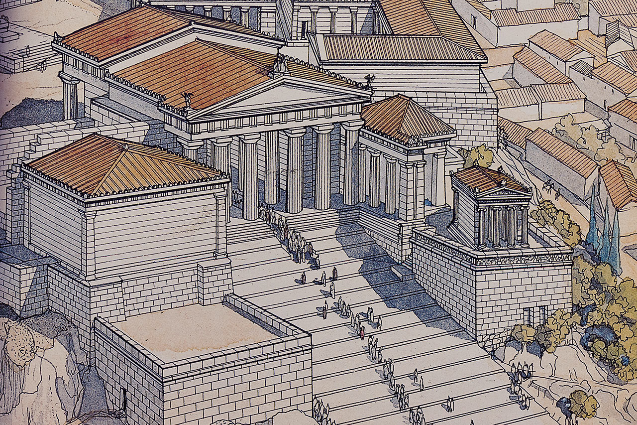 Zoom sur une aquarelle montrant l'Acropole, à Athènes.
