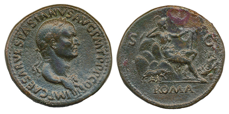 Sesterce de Vespasien montrant Rome assise au revers, entourée de symboles qui évoquent la cité : les 7 collines, le Tibre, la louve et les jumeaux.