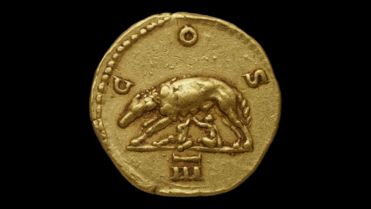 Louve romaine et les jumeaux Rémus et Romulus au revers d'un aureus d'Hadrien (BNF)