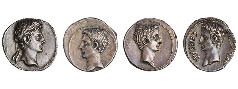 Différents portraits d'un même empereur, Auguste, frappés sur des deniers [© American Numismatic Society] 