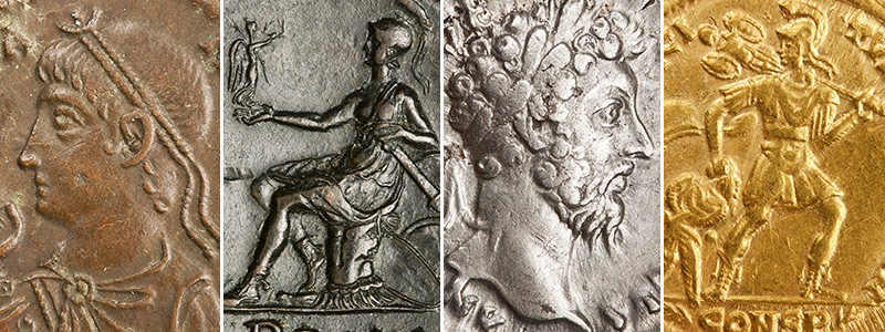 De gauche à droite, détails : d'une monnaie de cuivre d'une monnaie de bronze, d'une monnaie d'argent, d'une monnaie d'or. [© American Numismatic Society]