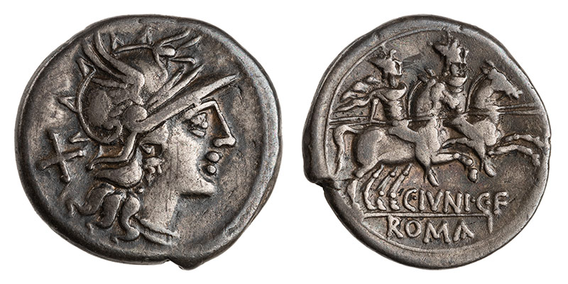 Un modèle de denier républicain assez répandu : tête casquée de Rome à l'avers, les dioscures chevauchant à droite au revers. Le nom du monétaire est visible au dessus de l'inscription "Roma". [© American Numismatic Society]