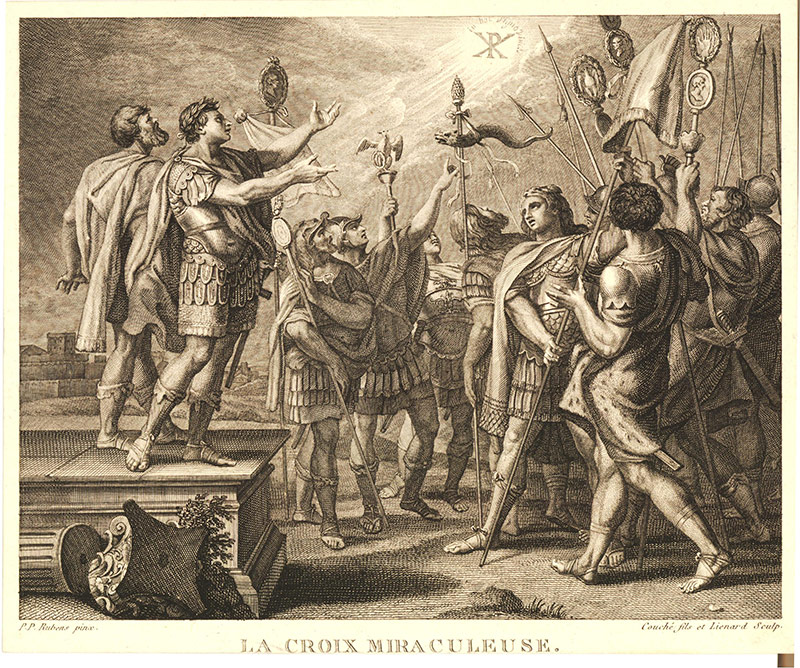 "La Croix Miraculeuse". Sur cette gravure inspirée par Rubens, Constantin aperçoit dans le ciel le monogramme du Christ avant la bataille du Pont Milvius. [© British Museum]