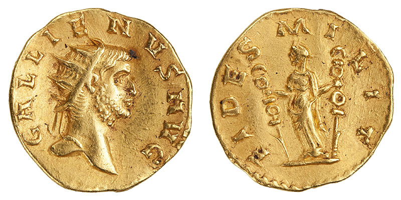 Un aureus de Gallien, comme il y en avait dans le trésor monétaire de Lava [© American Numismatic Society]