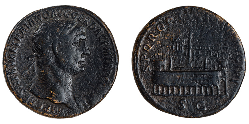 Le célèbre Circus Maximus, où pouvaient se voir des courses de chars, est bien représenté sur ce sesterce de Trajan. La Spina centrale est bien visible notamment. [© American Numismatic Society]