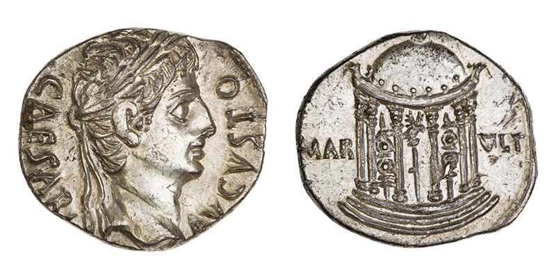 Le temple de Mars Ultor (Mars vengeur) orne le revers d'un denier émis par Auguste. Une aigle est représentée au centre du temple, entre des enseignes. [© American Numismatic Society]