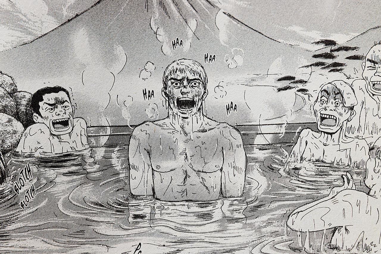 Lucius émerge dans un bain, au beau milieu d'un groupe de japonais médusés.